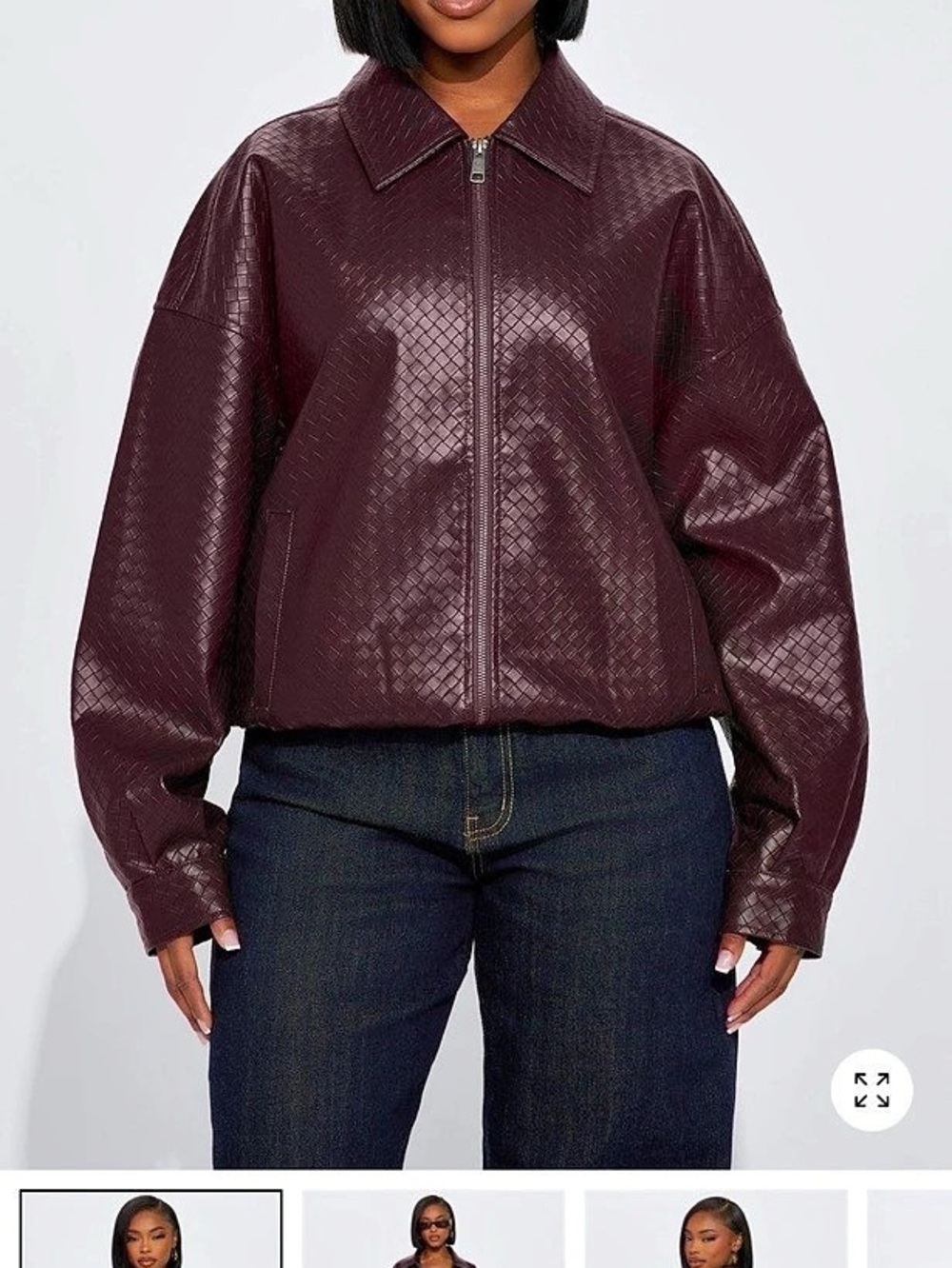 Woven Faux Leather Bomber Jacket Burgundy
